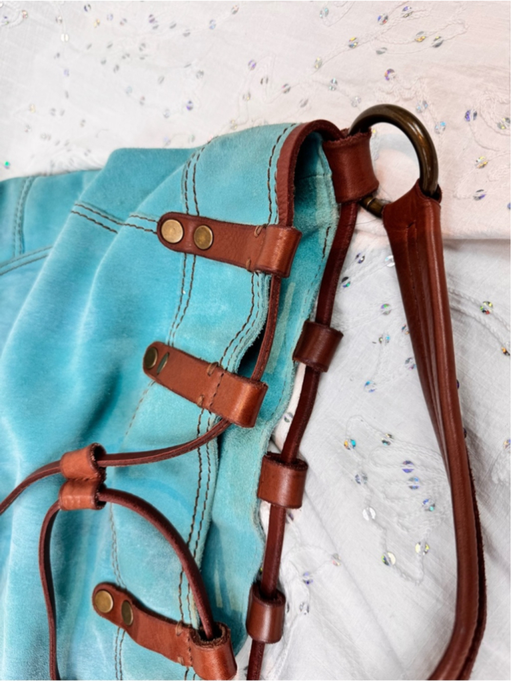 Lucky Brand Y2K Teal Suede Leather Drawstring Hobo Bag Boho Bucket Purse - Picture 7 of 7